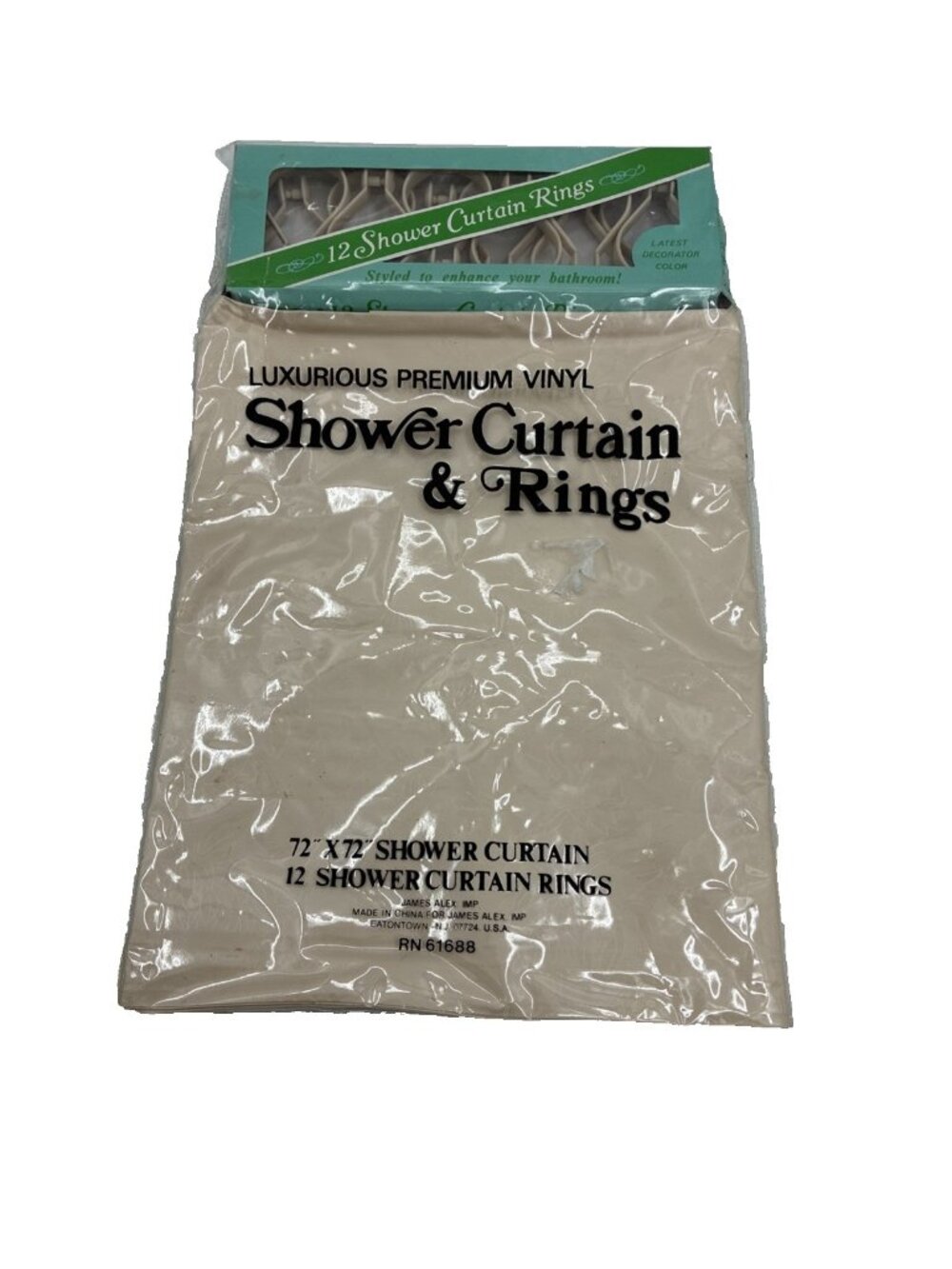 Vintage Shower Curtain Rings Set 72x72 Vinyl Beige Retro New 1970s 1980s Prop
